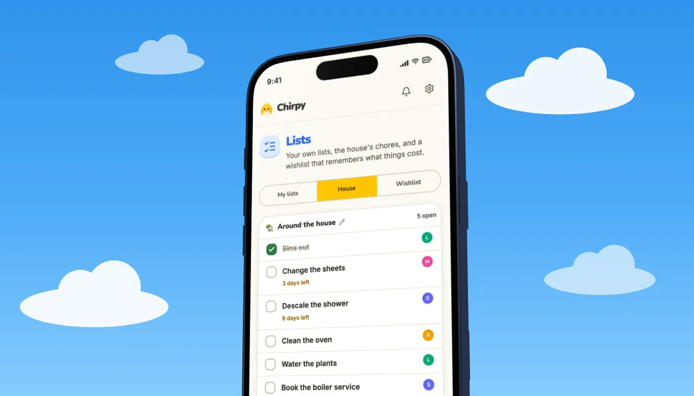 Chirpy's house list with a name and a days-left count on every job, a free shared family list for an Any.do family alternative