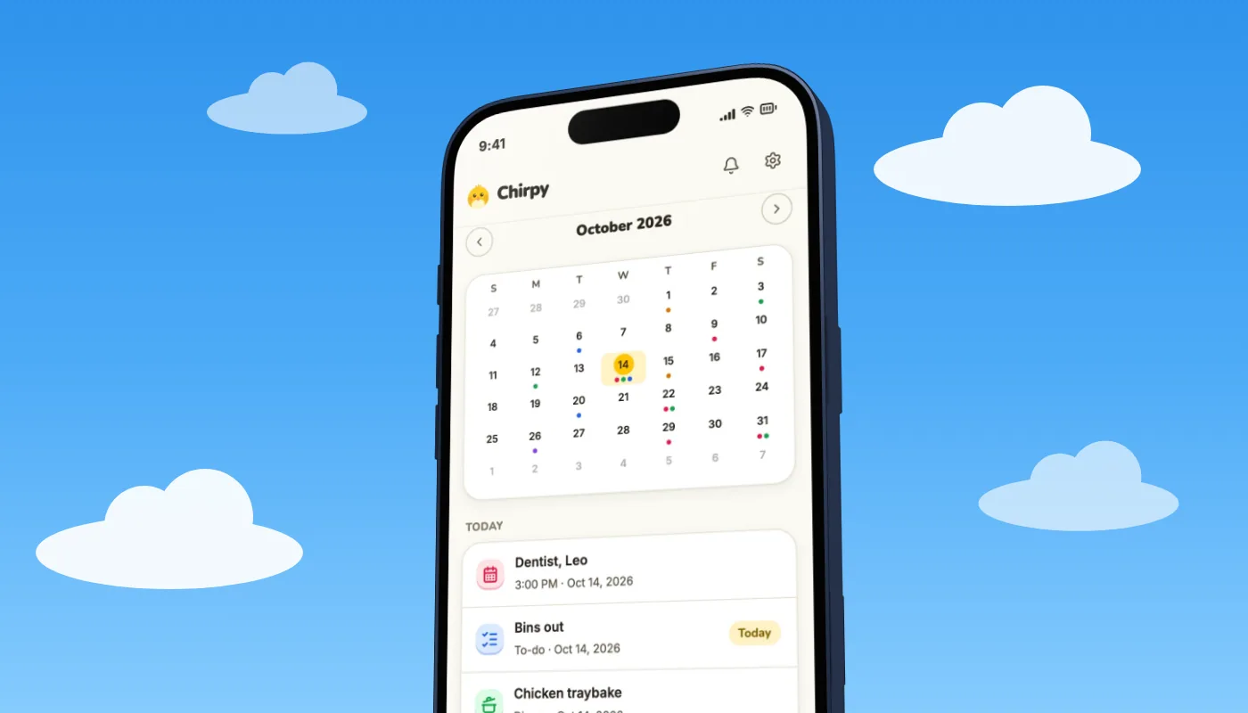 Chirpy's household calendar for October with a dentist appointment, a to-do and a dinner on the same day, the shared calendar beside the family lists