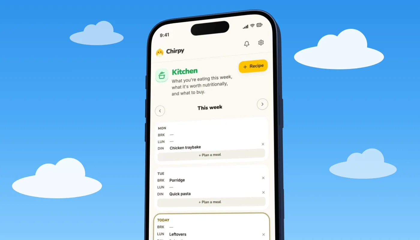 Chirpy's Kitchen week view with a dinner planned on each night, the page a family dinner rotation is filled into