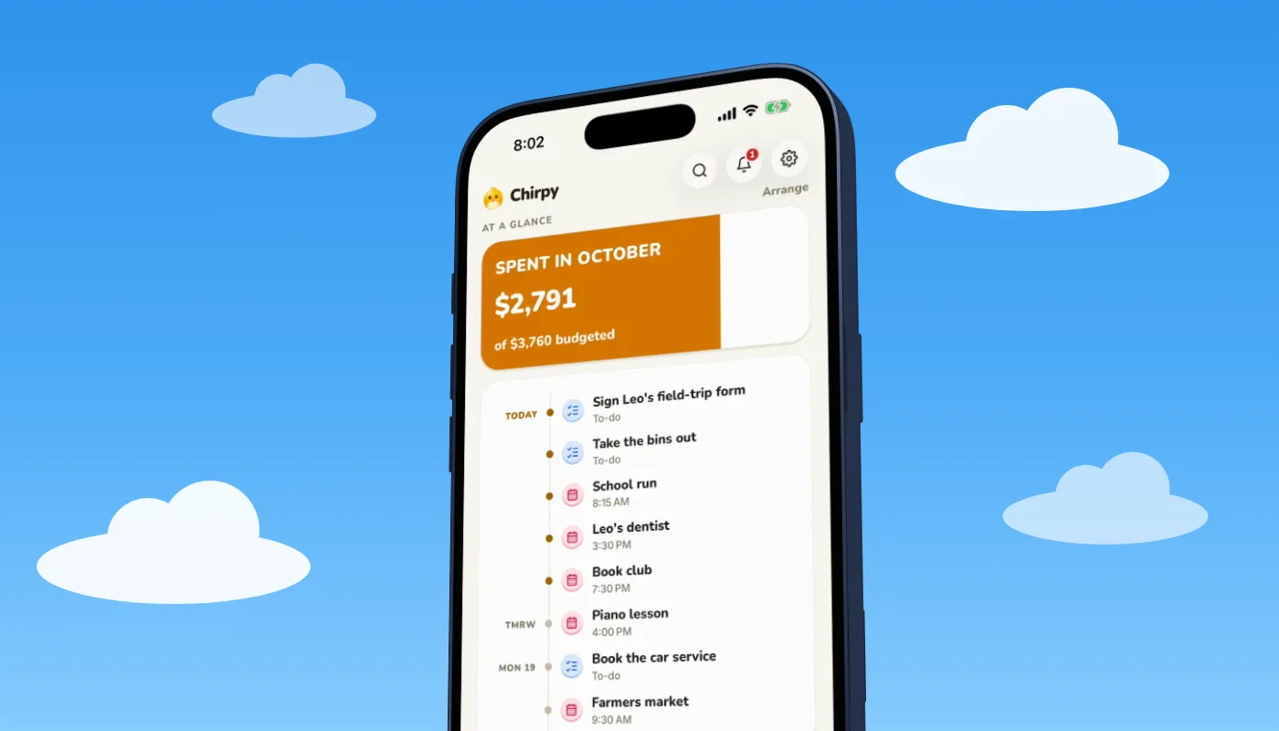 Chirpy's home screen for a family organizer: spending against budget, today's timeline, quick notes and tasks in one place