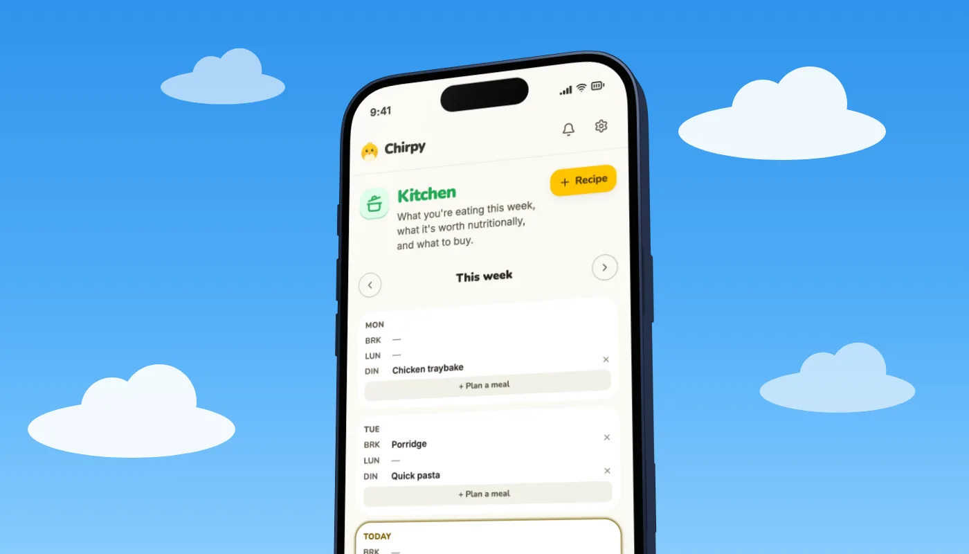 Chirpy's Kitchen week plan with dinners filled in, the answer to what is for dinner in a family organizer app