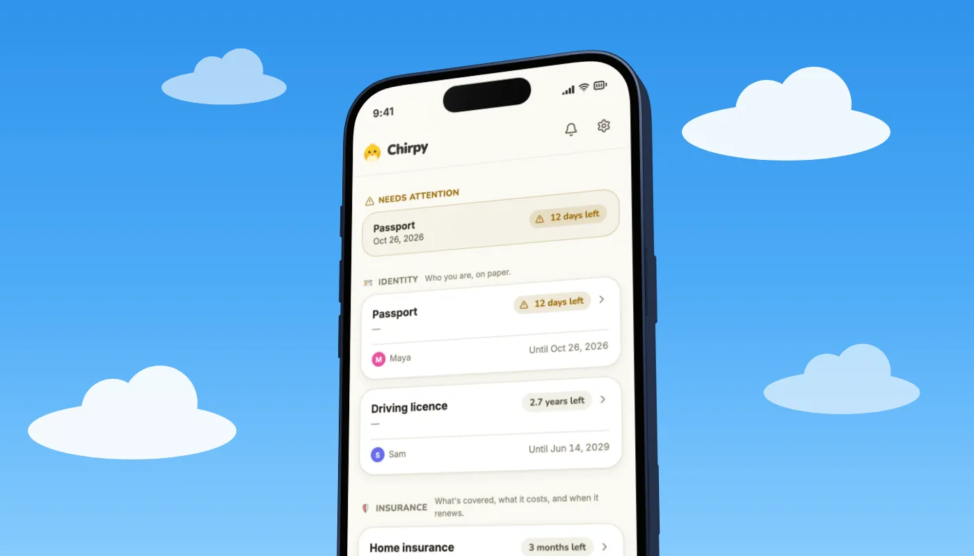 Chirpy's Vault listing a passport, driving license and home insurance, each with a countdown to its date, for a vacation travel paperwork check